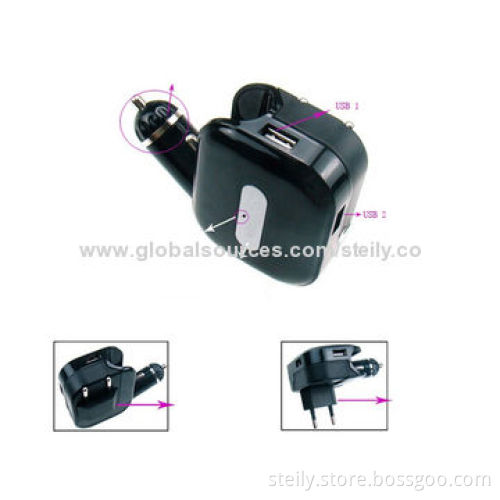 5V/1A Portable dual USB 2-in-1 wall and car charger with ABS environmental fireproof material over